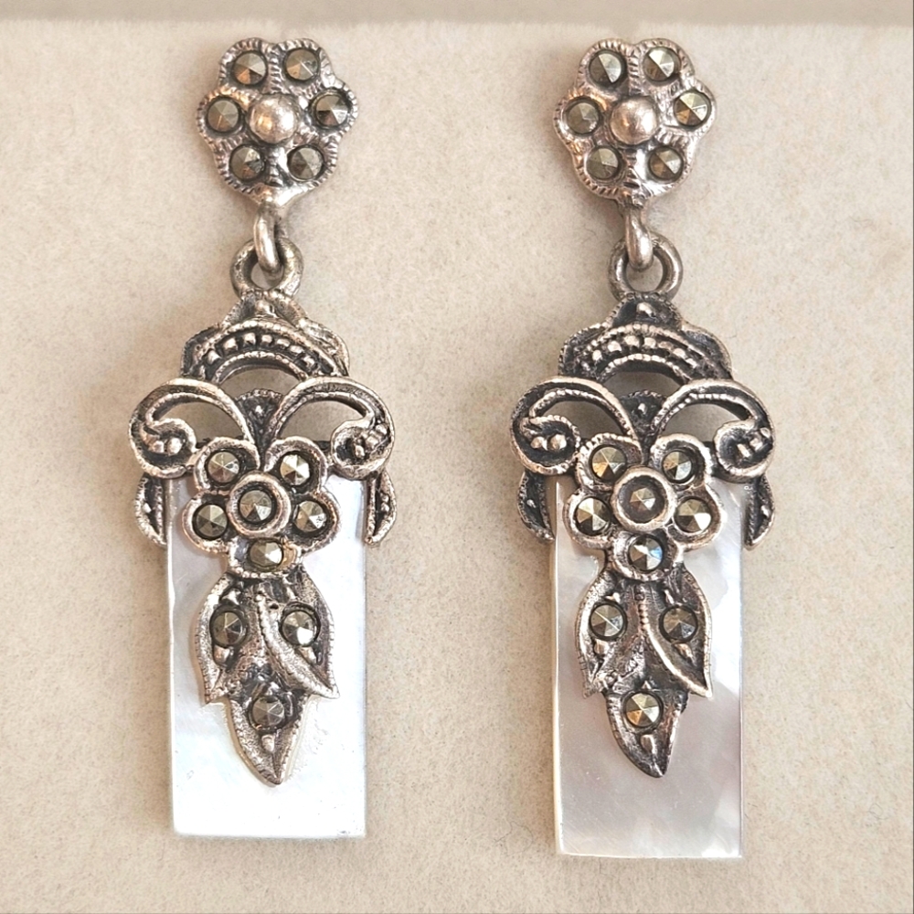 Mother of Pearl Marcasite Deco Vintage 925 Sterling Silver Post Earrings